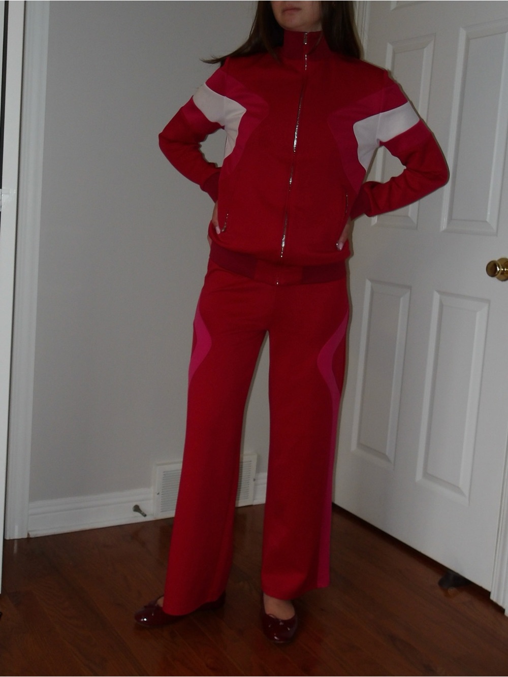 Maje Red and Pink Zip-Front Track Jumpsuit - Picture 3 of 10